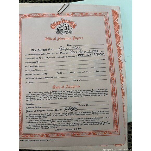 Toy Cabbage Patch Kids 1984 1985 Signed Shoe Soft Sculpture Dress Hair Curly Bir - Picture 2 of 2